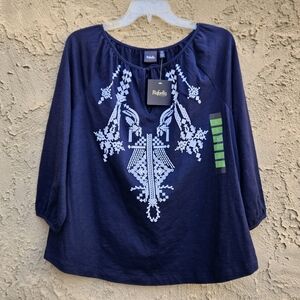 Rafaella Navy Blue and White 3/4 Sleeve Boho Top